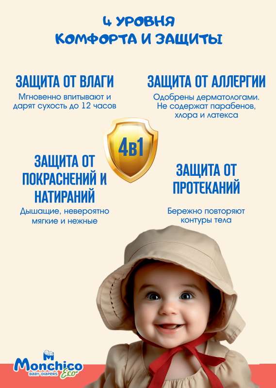 Подгузники для малышей, Monchico Eco+, размер 2, (4-8 кг), 18 шт — фото 1