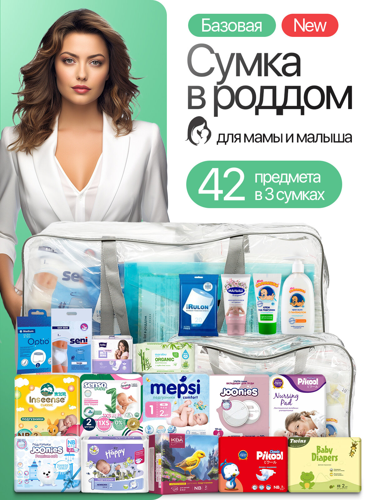 Готовая сумка в роддом для малыша и мамы собранная "Базовая" 42 предмета серая прозрачная