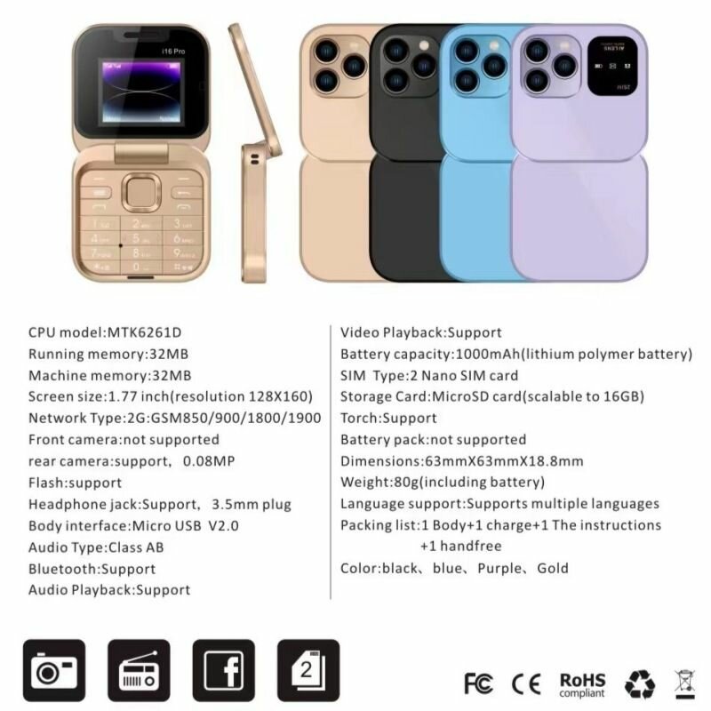 Мини-раскладушка Phonei16 pro, раскладушка с двумя SIM-картами, 2G, кнопочный мини-телефон
