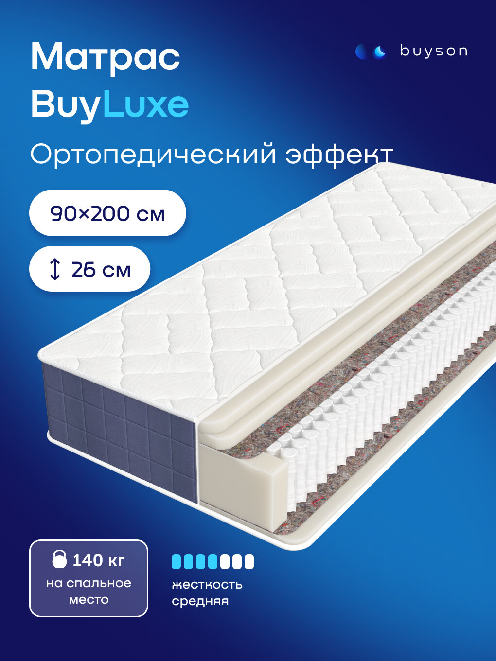 Ортопедический матрас buyson BuyLuxe, 90х200 см, независимые пружины