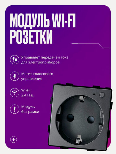 Изображение товара Умная розетка WIFI, модуль без рамки, с заземлением и шторками, 16А, серая, для умного дома