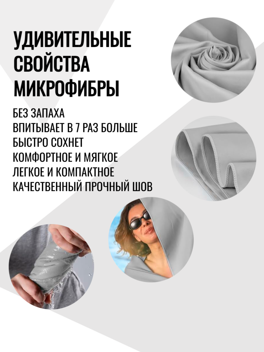 Полотенце из микрофибры спортивное пляжное для бассейна и спорта быстросохнущее, серое, 60х120 см — фото 1