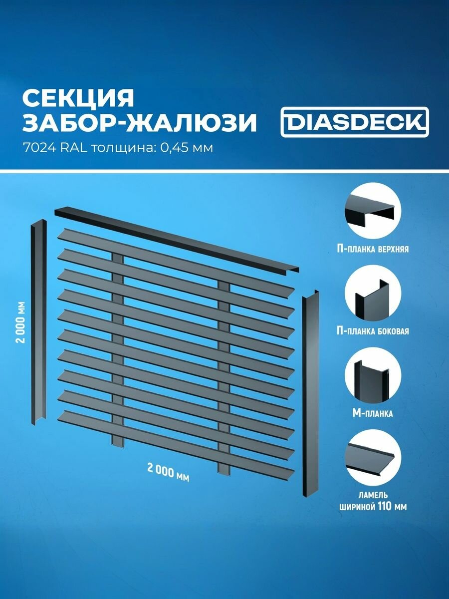 Забор-жалюзи тип Z секция 2х2 м RAL 7024 серый графит 0.45 мм