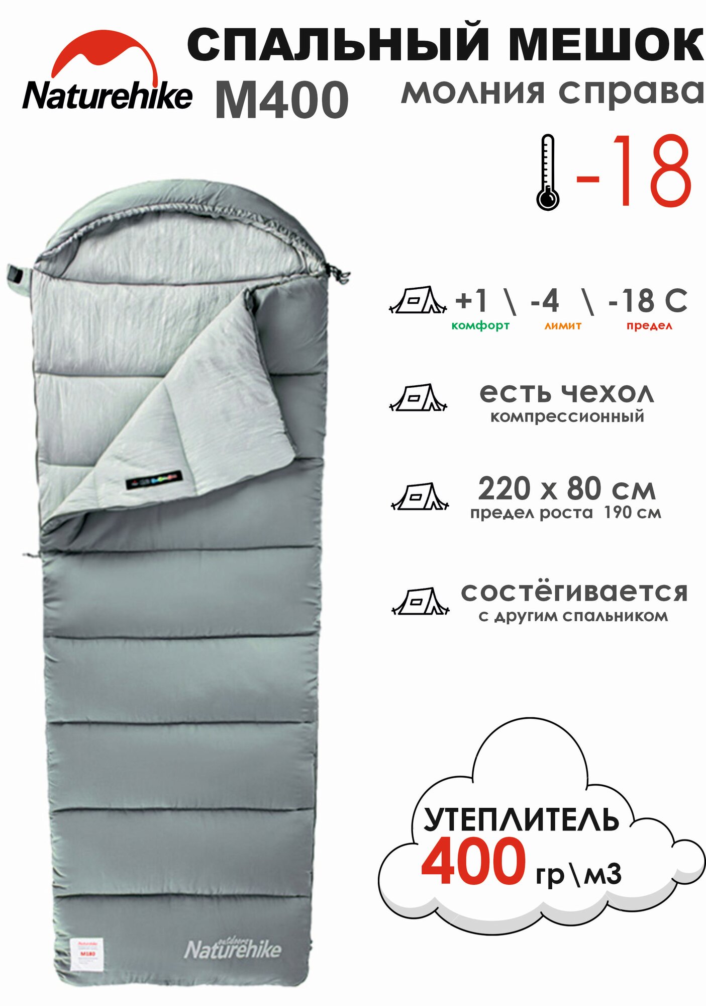 Спальный мешок туристический Naturehike M400 хлопковый с капюшоном