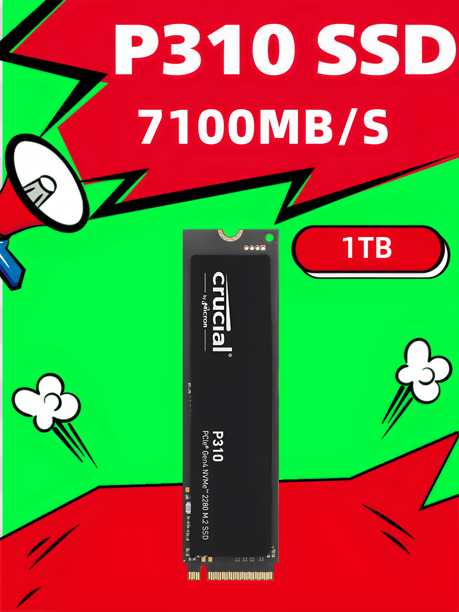 Crucial Встроенный твердотельный накопитель P310 1TB SSD Интерфейс M.2 (NVMe PCIe4.0*4) скорость чтения 7100 МБ/с