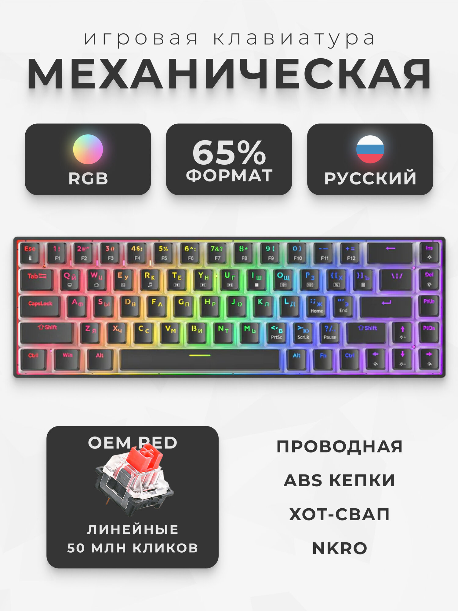 Клавиатура механическая с подсветкой 65% проводная TK68, черная