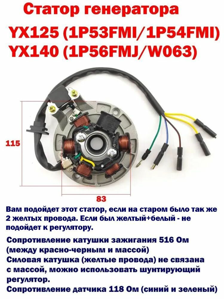 Генератор (статор) питбайка YX125, YX140 - 6 катушек - 83 мм - Kayo