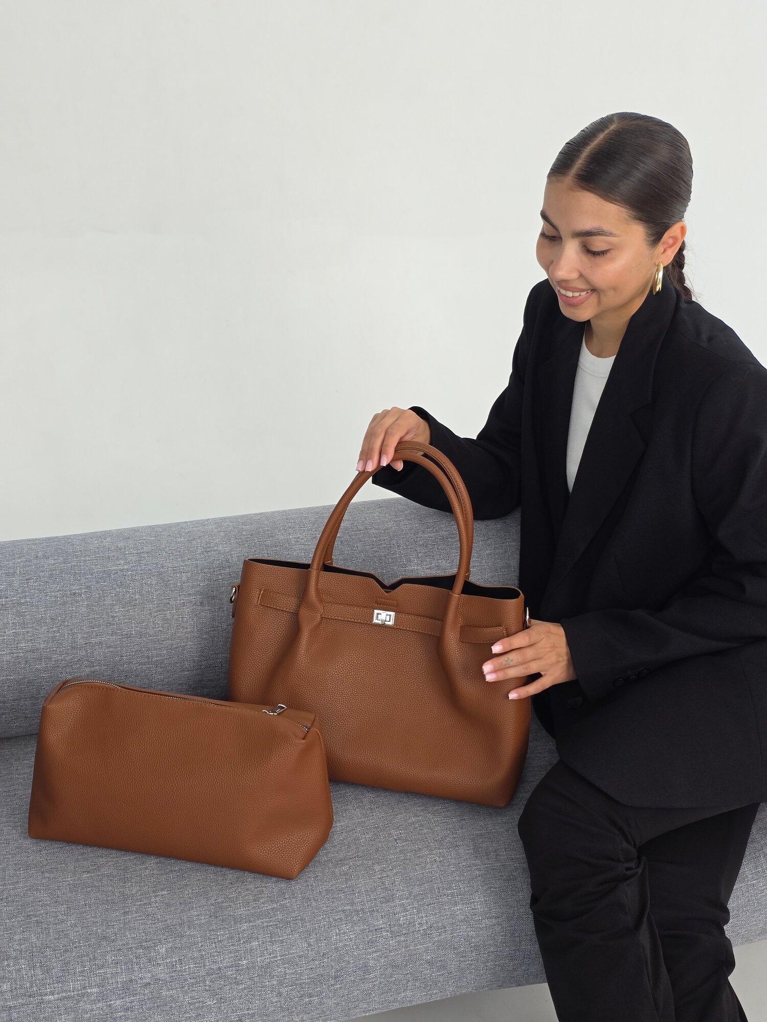 Сумка тоут Evangelina May, фактура зернистая, коричневый — фото 1