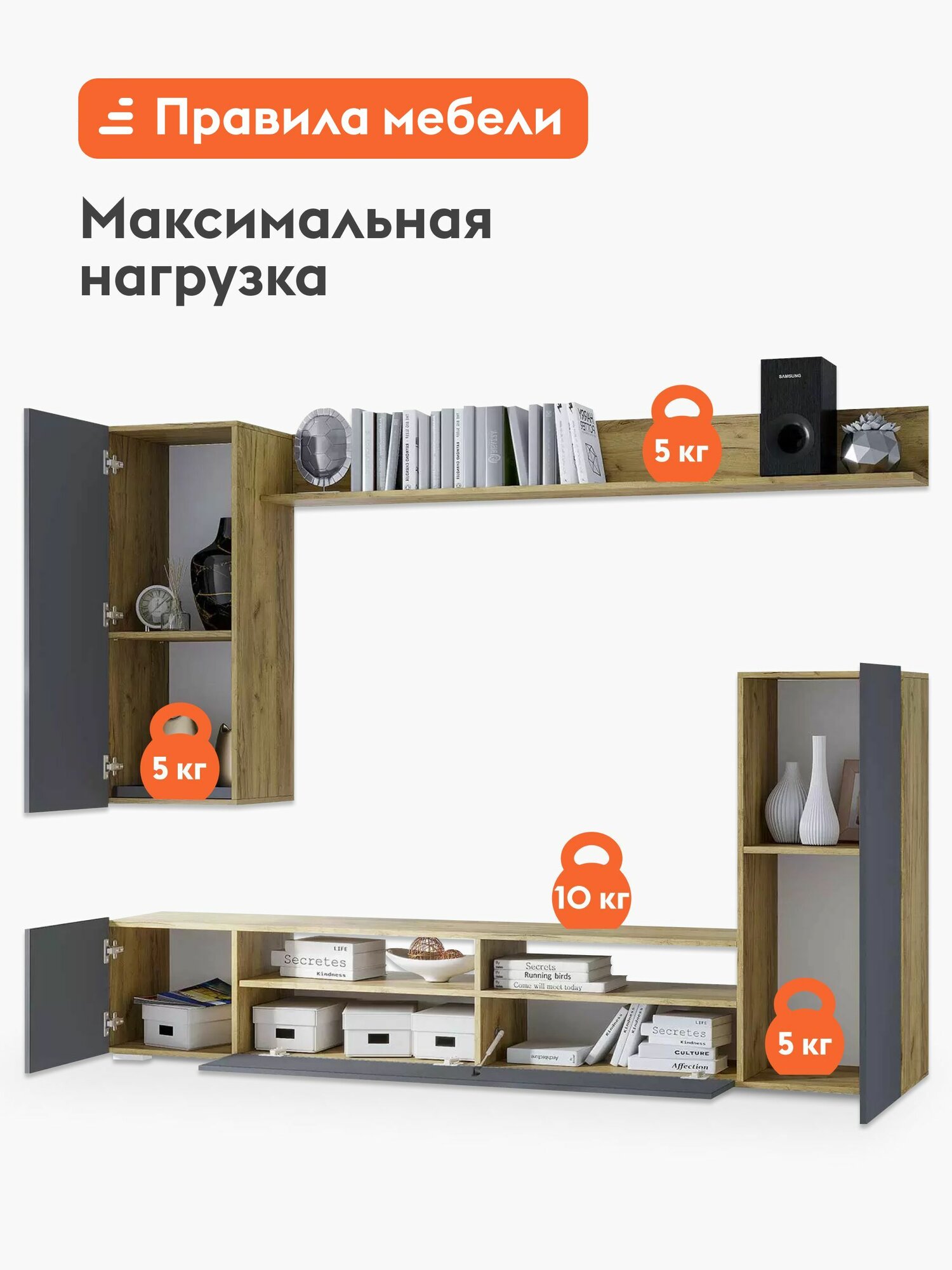 Гостиная комплект Астория с полкой, тумбами, шкафами, 213х37,1х168 см, Дуб Крафт / Графит — фото 1