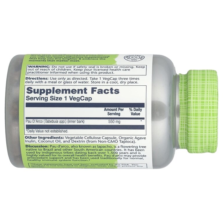 Картинки Pau D'Arco 550 mg (Кора Муравьиного Дерева 550 мг) 100 вег капсул (Solaray)