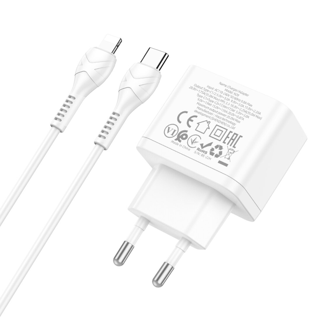 Сетевое зарядное устройство, 2 PD 35W (N29), HOCO, Type-C to Lightning, белый — фото 1