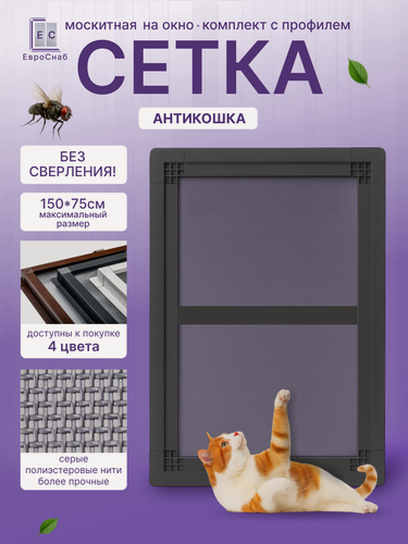 Изображение товара Комплект для самостоятельной сборки Вставной москитной сетки(Антрацит)LONG+антикошка
