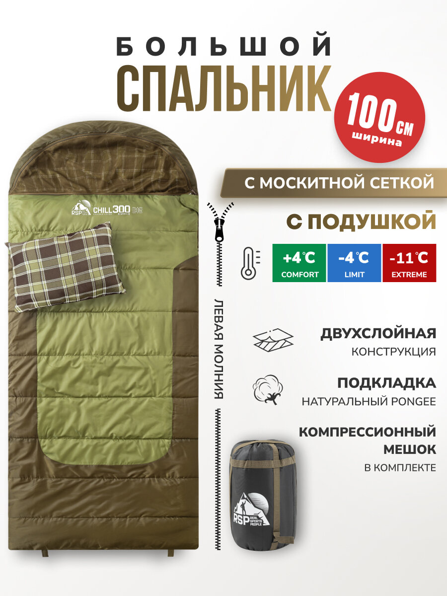 Спальный мешок с москитной сеткой RSP CHILL 300 BIG L (225*100 см, молния слева)