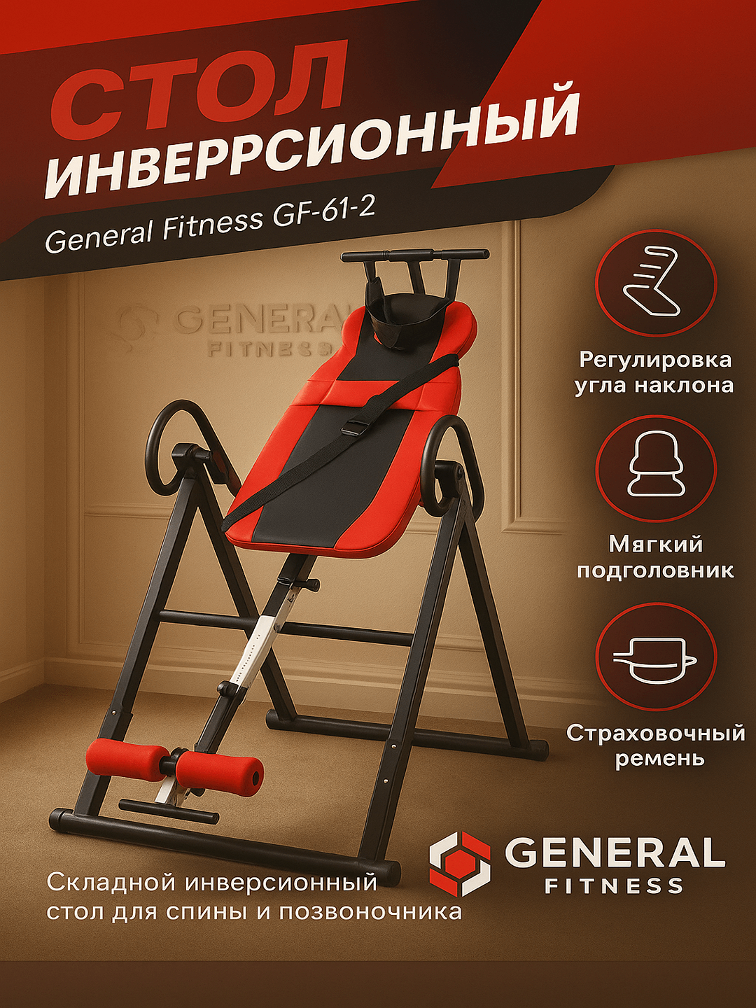Инверсионный тренажер "General Fitness", для спины, для грыжи