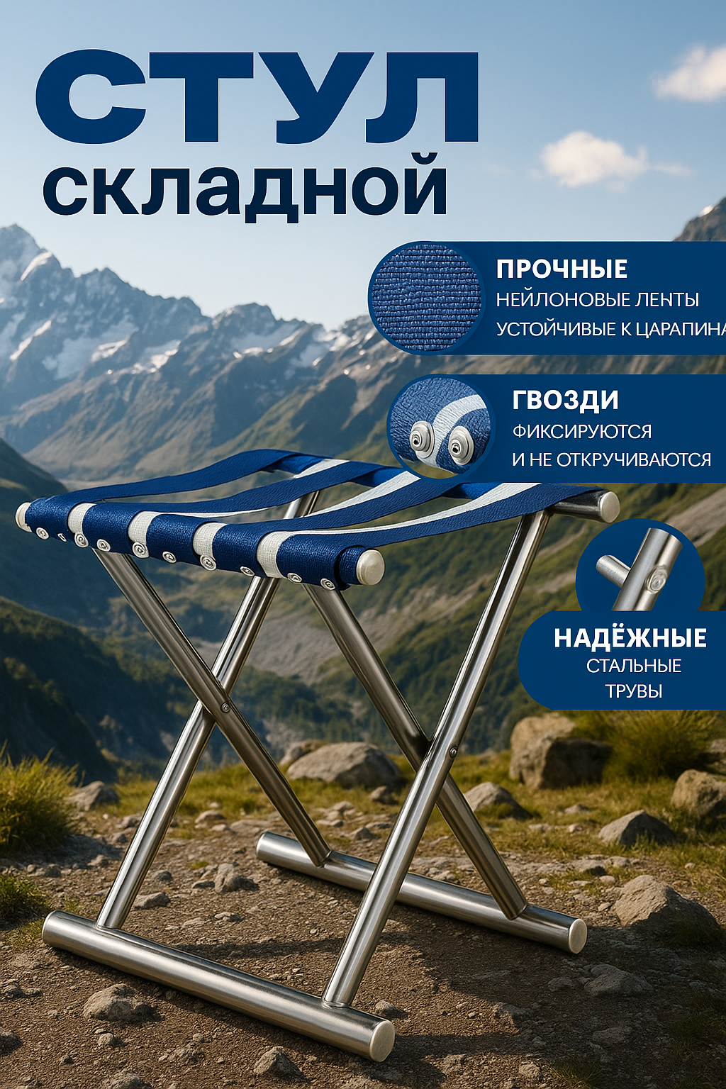 Стул туристический складной, текстиль/металл, серый, 30x32 см