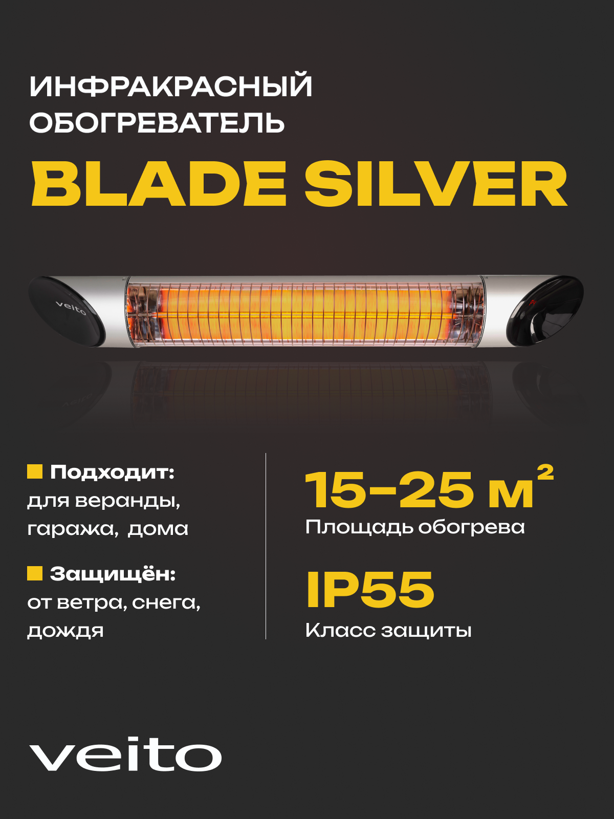 Настенный обогреватель Veito Blade silver, 2 кВт карбоновый, регулировка мощности, IP55, пульт ДУ