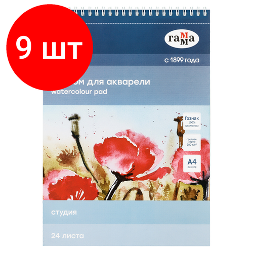 Комплект 9 шт, Альбом для акварели, 24л, А4, на спирали Гамма Студия, 200г/м2, среднее зерно, перфорация на отрыв