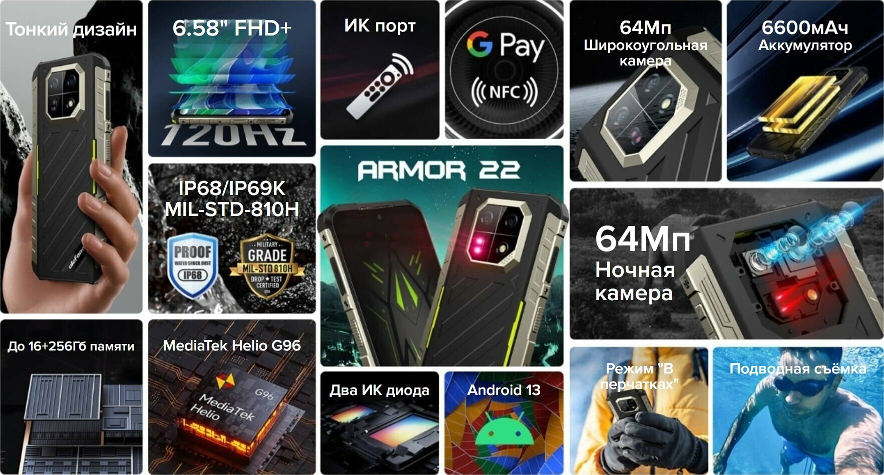 Смартфон Ulefone Armor 22 Black, Ночная Камера, 64Мр, 120Гц, 8+8/256GB IP69K , Гарантия год — фото 1