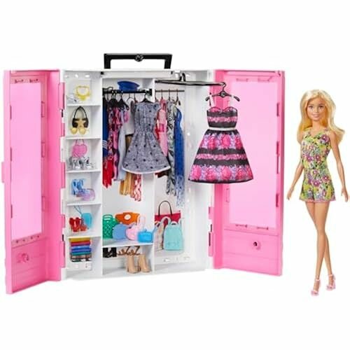 Портативный гардероб с вешалкой Barbie GBK12, включающий куклу, кукольные аксессуары и игрушки для кукол от 3 лет.