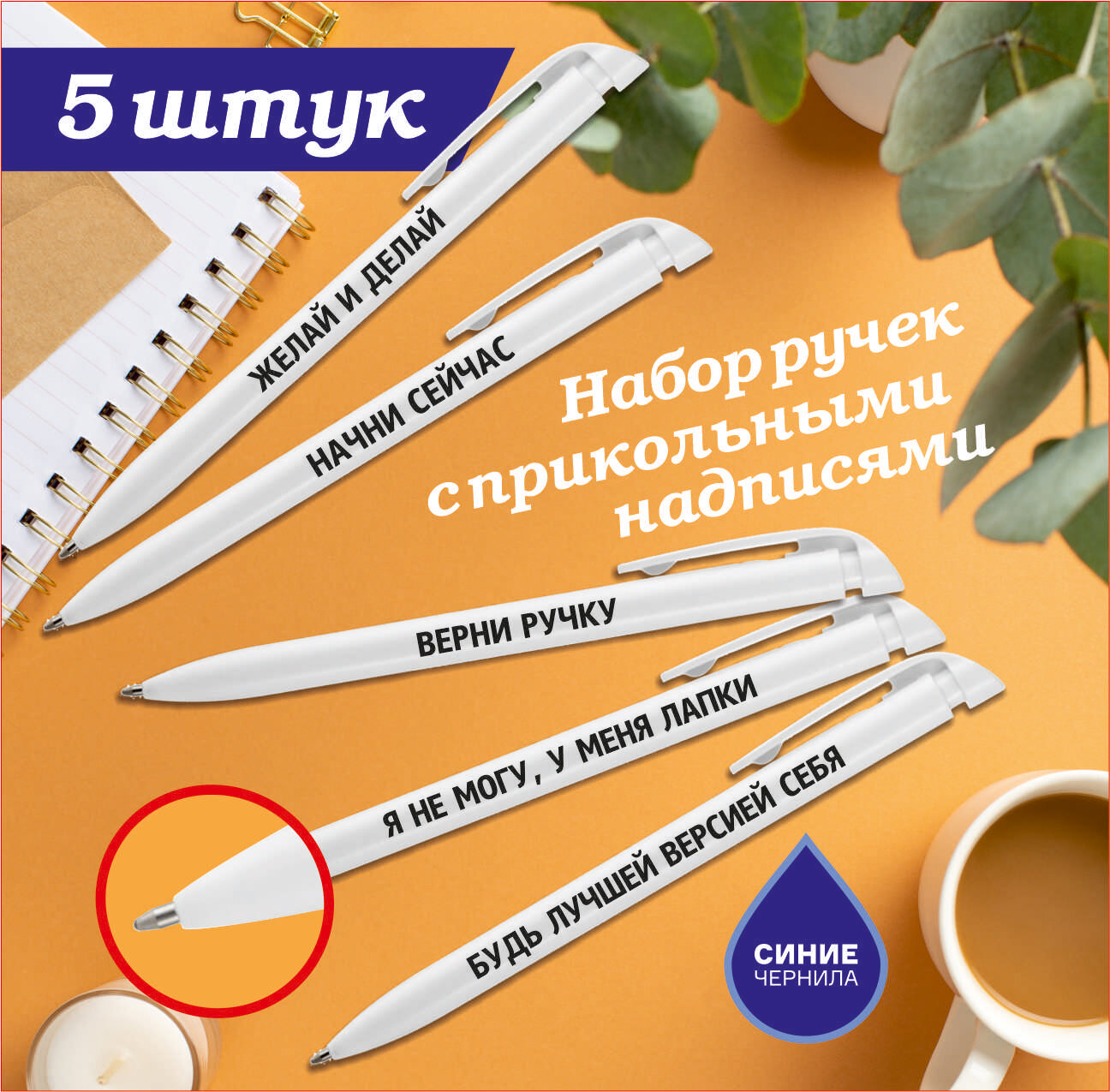 Набор ручек для школы 5 шт. мотивирующие надписи разные на каждой ручке / синий стержень