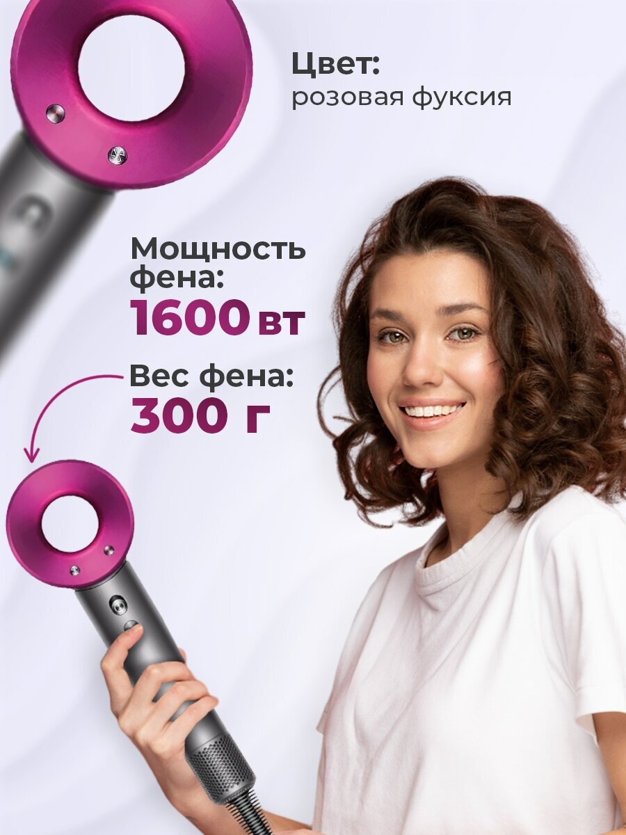 Профессиональный фен для волос iHair-1600 Super Hair Dryer 1600 Вт, 3 режима, 5 магнитных насадок, ионизация воздуха, розовый - фотография № 2