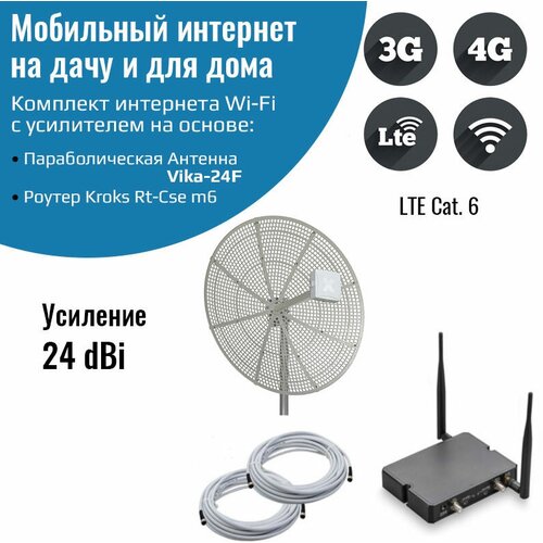 интернет на дачу комплект с мощной антенной kroks mimo 21dbi wifi роутером 4 g модемом Мобильный интернет на даче, за городом 3G/4G/WI-FI – Комплект роутер Kroks m6 с антенной Vika-24F