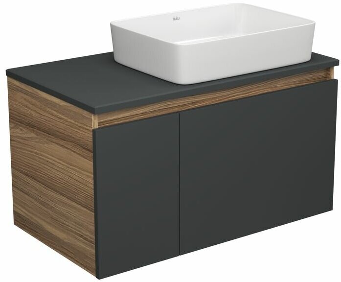 Тумба с раковиной (тумба подвесная Bau Dream Blackwood 80, графит + раковина санфаянс накладная прямоугольная BAU Hotel Размер 48х37)