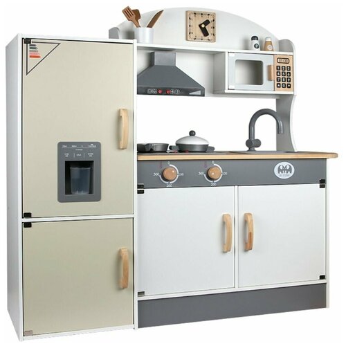 Деревянная кухня с холодильником и набором посуды звук подсветка