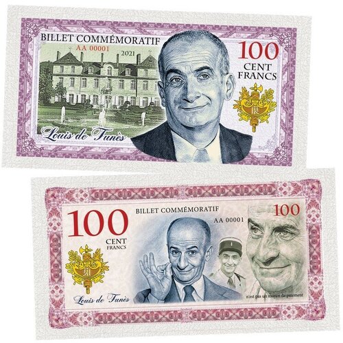 100 Cent FRANCS (франков) — Луи де Фюнес. Франция (Louis de Funes. France). Памятная банкнота. UNC 100 cent francs франков луи де фюнес франция louis de funes france памятная банкнота unc