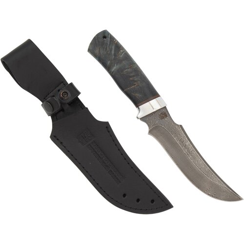 Нож Сокол (нержавеющая дамасская сталь, карельская берёза стаб синяя-ал.) нож сокол дамасская сталь
