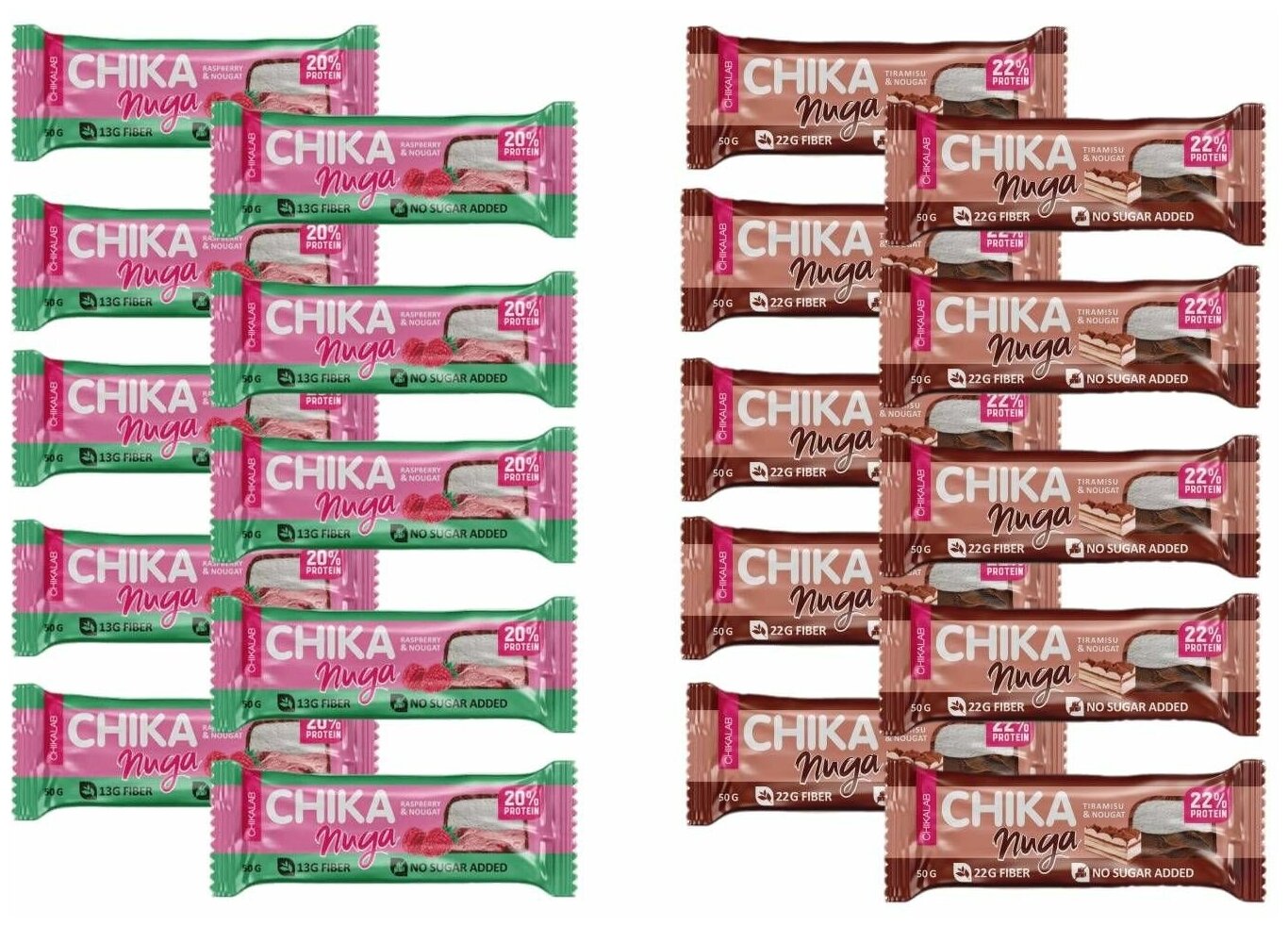 Батончик протеиновый Chikalab с нугой в шоколаде без сахара Chika Nuga, ассорти Нуга с малиной и тирамису, 50 гр (20 шт) - фотография № 1
