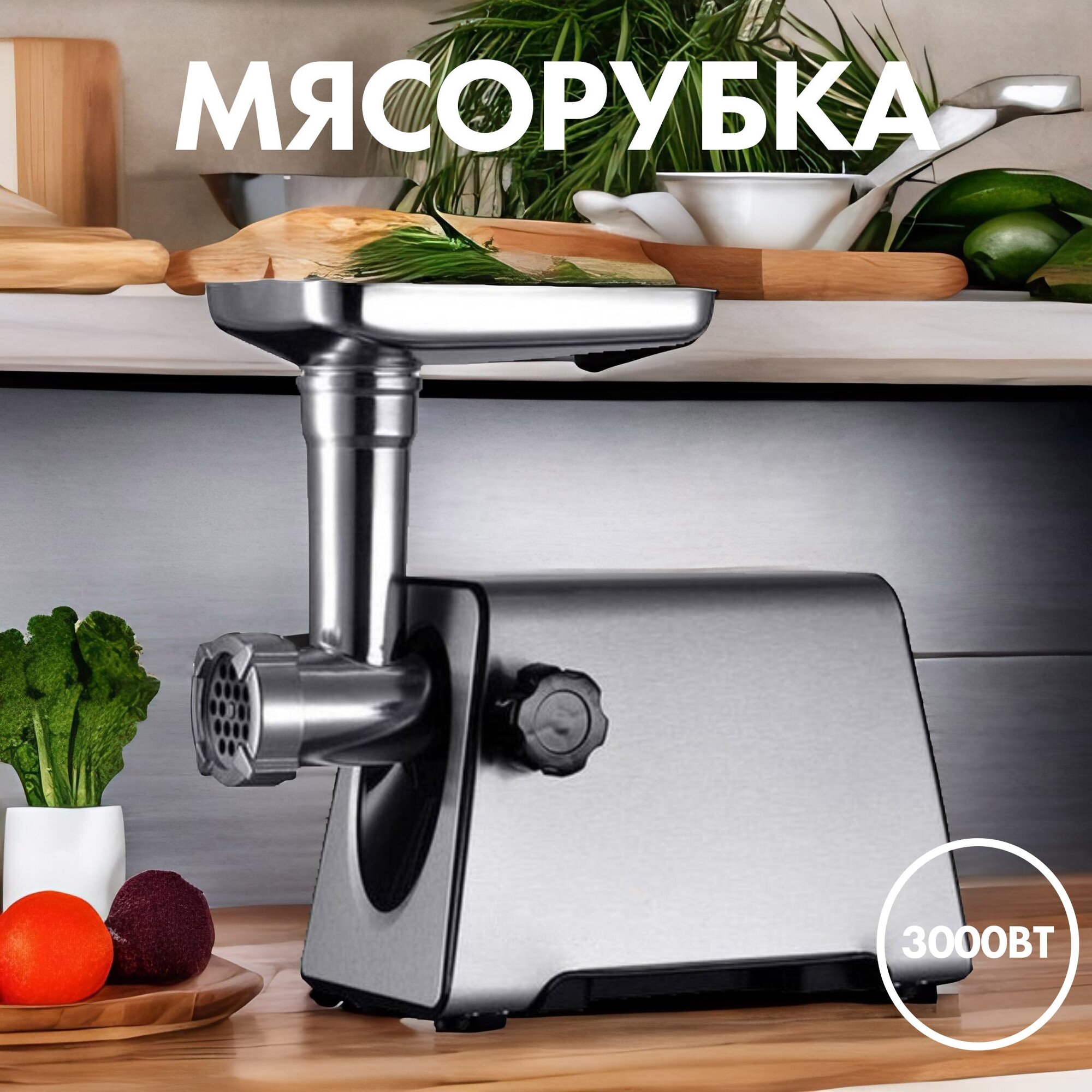 Мясорубка  мясорубка электрическая для фарша серебристая3000Вт функция реверс3 диска нарезки насадки для кеббе колбас сосисок домашняя мясорубка