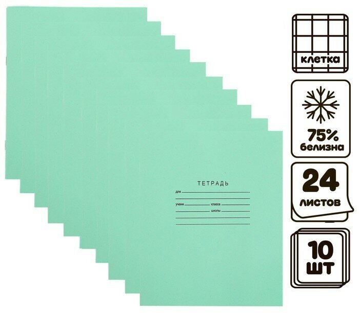 КПК Комплект тетрадей из 10 штук, 24 листа в клетку КПК "Зелёная обложка", блок №2, белизна 75% (серые листы)