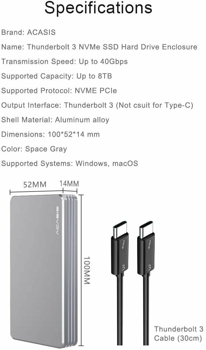 Корпус для жесткого диска Acasis FA-TB34 M1 Thunderbolt 3 NVME M2 SSD до 2 ТБ 40 Гбит/с серебристый