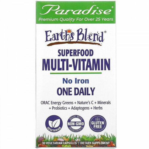 Paradise Herbs, Earth&#x27; s Blend, One Daily Superfood Multi-Vitamin, No Iron, 30 Vegetarian Capsules