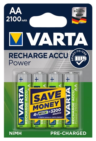 Аккумулятор Ni-Mh 2100 мА·ч 1.2 В VARTA Recharge Accu Power 2100 AA, в упаковке: 4 шт.