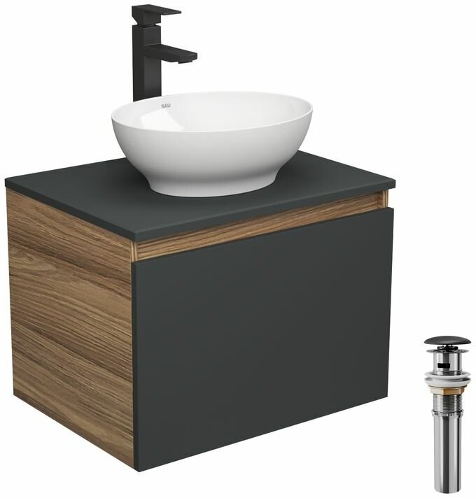 Комплект для ванной, 4 предмета (тумба Bau 60, графит + раковина BAU Nimb 41х33 + смеситель Hotel Black, выпуск клик-клак, черный)