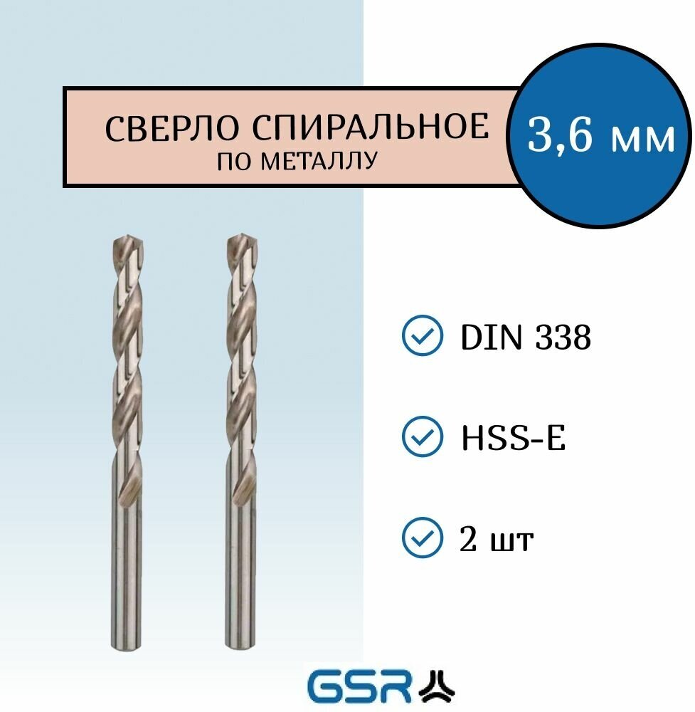 Сверло по металлу спиральное для отверстий 36 мм DIN 338 HSS-E GSR (Германия) (2 штуки)