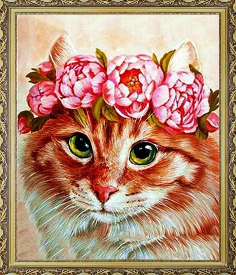 Алмазная мозаика на подрамнике "Кошка в цветах" 40х50 см цветов-22