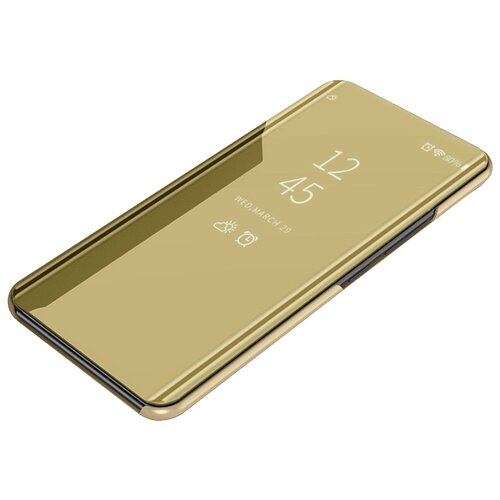 фото Чехол-книжка mypads для galaxy a6s (sm-g6200) с дизайном clear view cover с полупрозрачной пластиковой крышкой с зеркальной поверхностью золотой