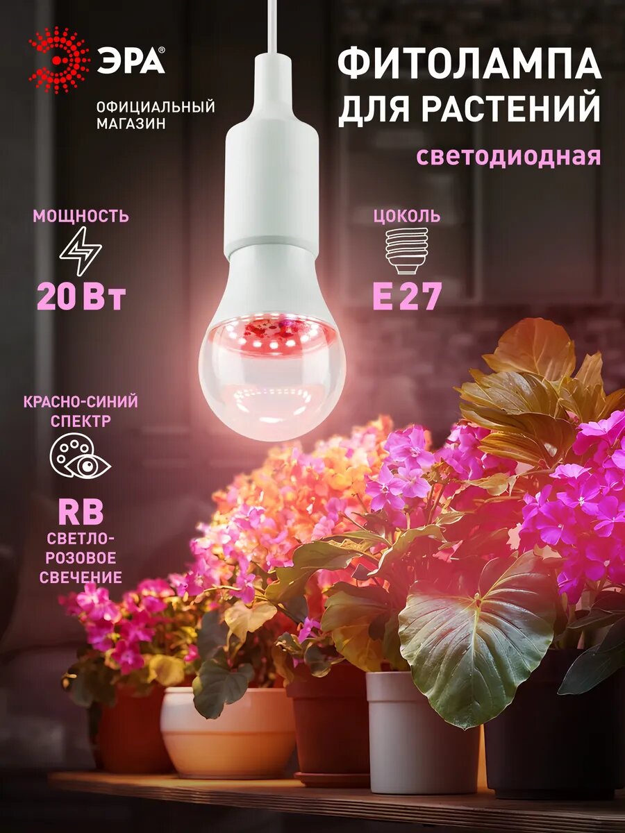 Фитолампа для растений светодиодная ЭРА FITO-20W-RB-E27 красно-синего спектра 20 Вт Е27