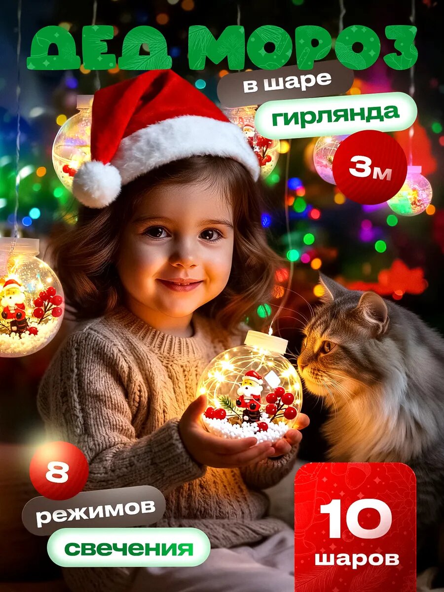 Новогодняя светодиодная гирлянда-штора, новогодние шары (10шт) 3 метра