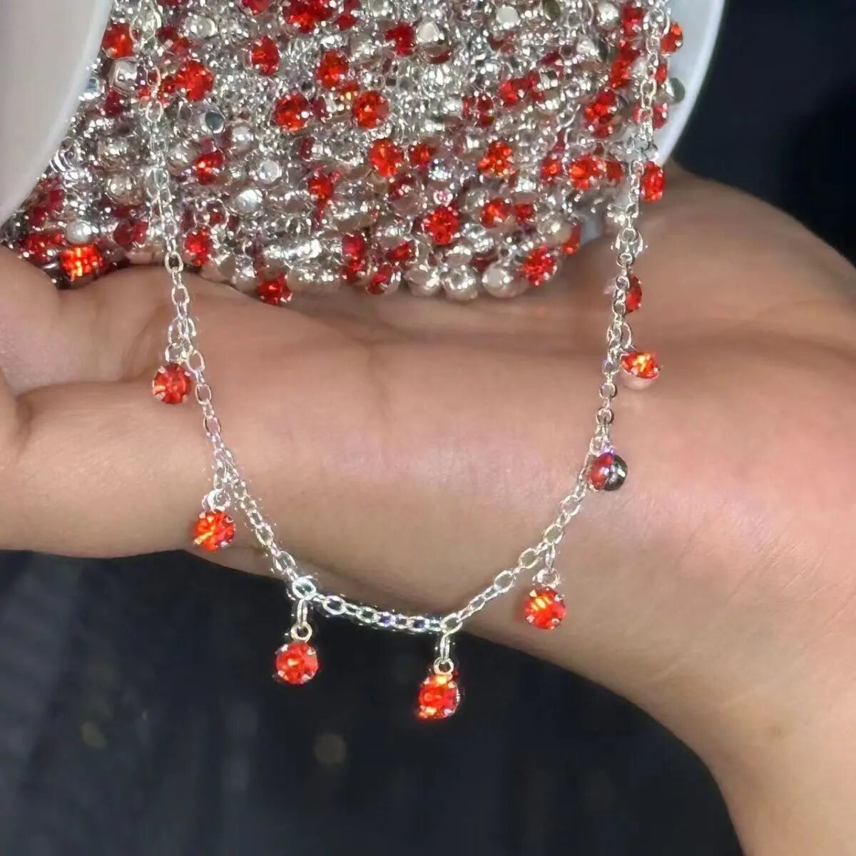 Цепочка на запястье со стразами, Red Silver Color, 2Meters(1Meterx2pcs)
