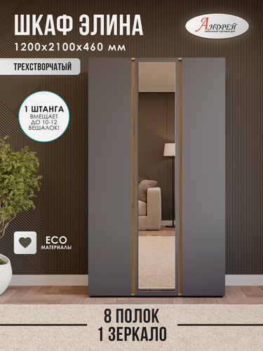 Изображение товара Шкаф Элина ШК 02 120х210х46 см, цвет серый графит/дуб крафт золото