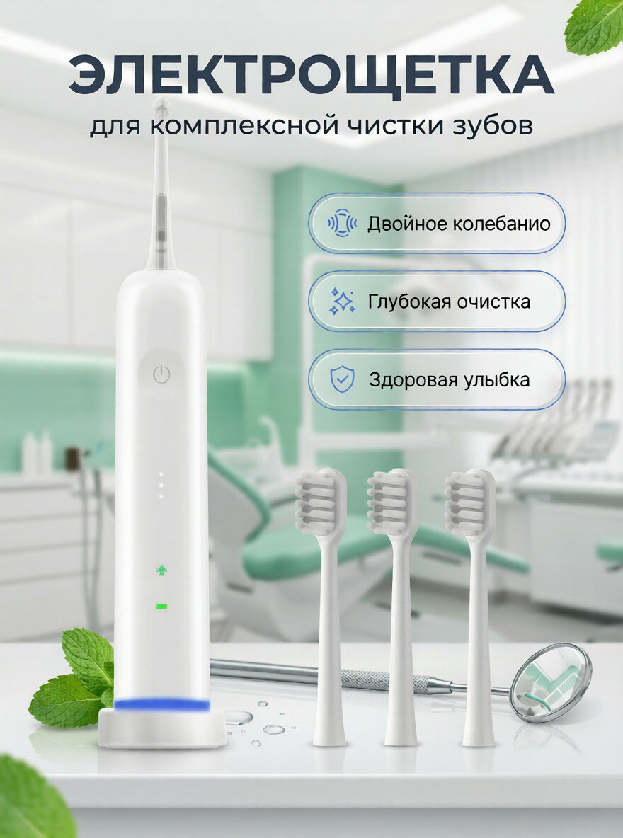 Электрическая зубная щётка, ультразвуковая, для взрослых и детей, питание от аккумулятора