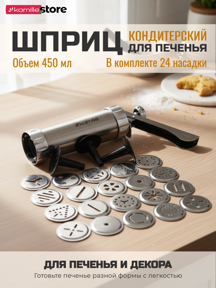 Кондитерский шприц для печенья 24 насадки Kamille КМ 3009 из нержавеющей стали (серебристый)