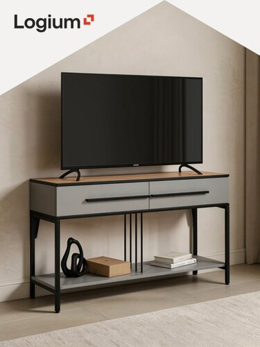 Изображение товара Тумба под телевизор напольная высокая с ящиками, Оливия 16.60.01, Серый Шифер, Гикори Рокфорд