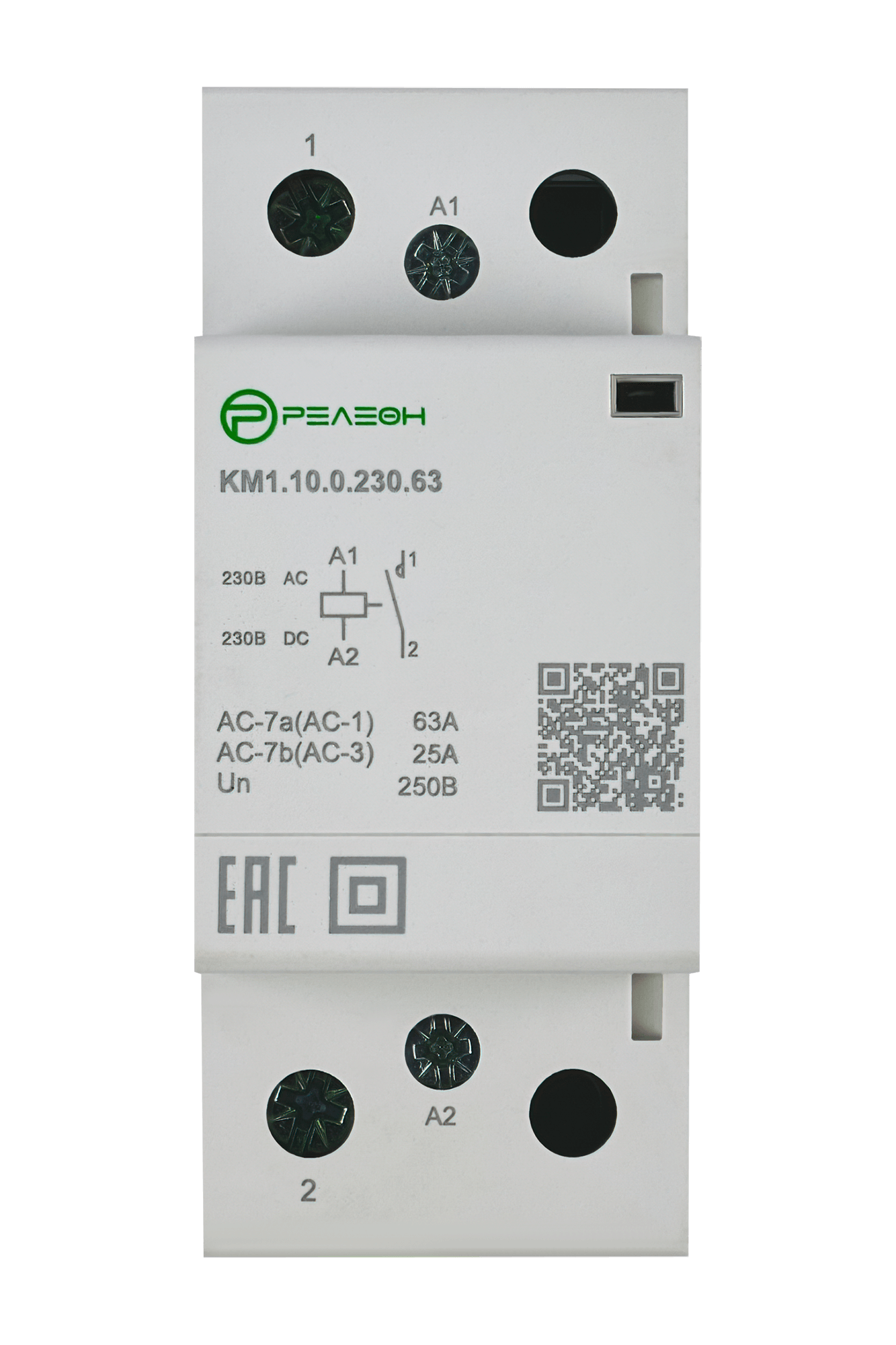 Модульный контактор 1НО контакт 63А; 230В AC/DC, релеон, KM1.10.0.230.63 — фото 1