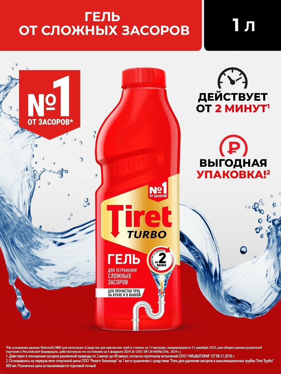 Средство от засоров Tiret Turbo, для прочистки канализационных труб, антизасор, 1 л