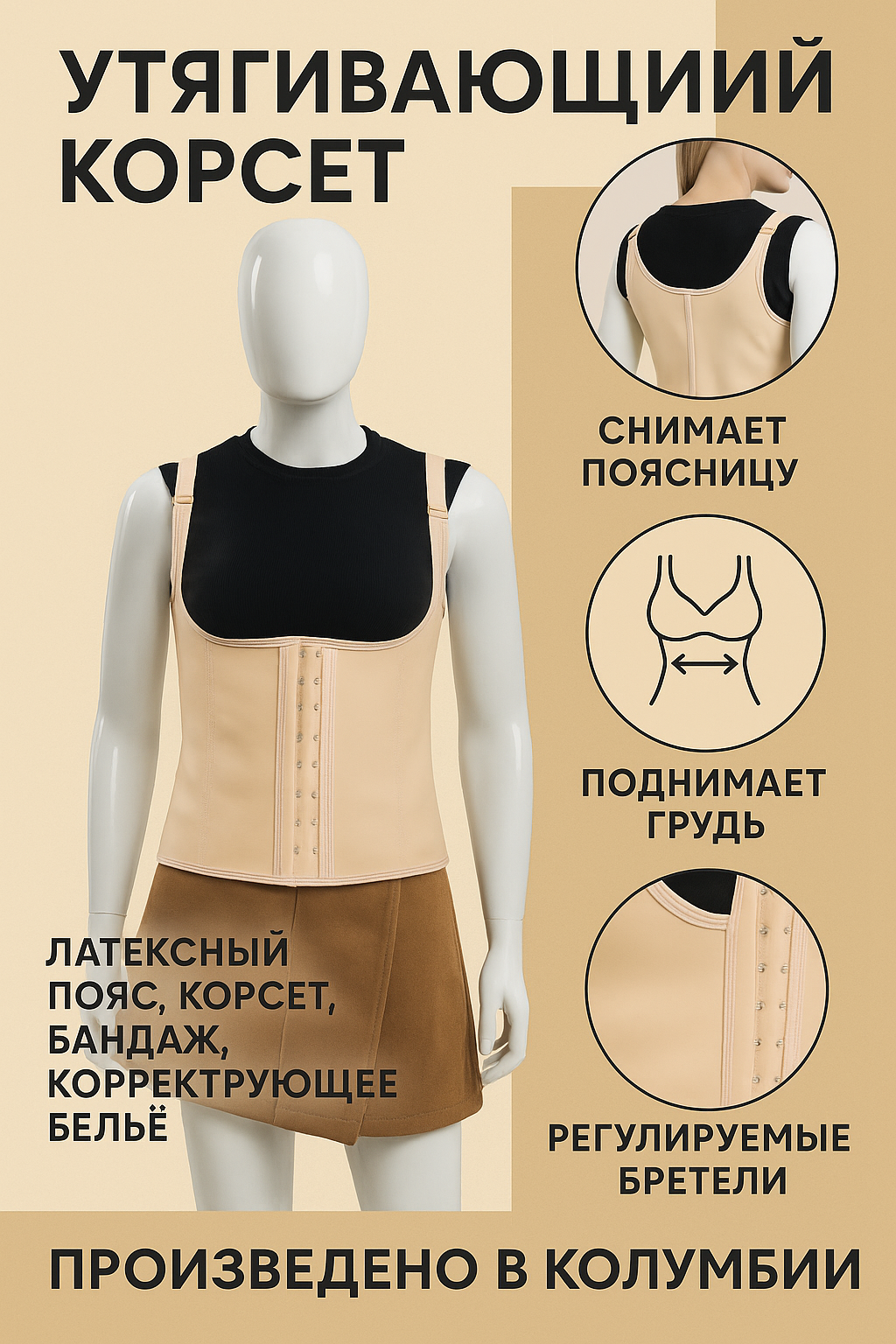 Корсет S,M,L,Xl,XXL,XXXL, размер S, бежевый (157)